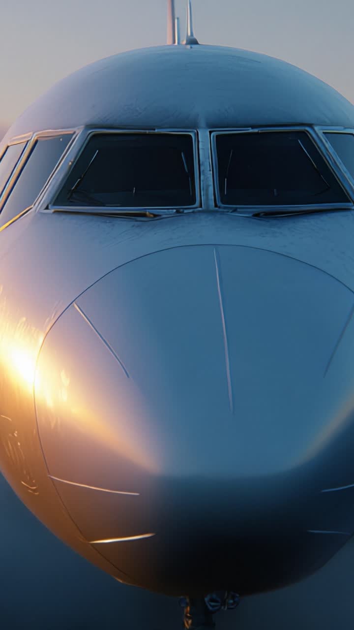 Primo piano accattivante del muso di un aereo - Una vista mozzafiato che evidenzia il design aerodinamico dell'aeromobile e la sua superficie riflettente in una splendida illuminazione dorata.