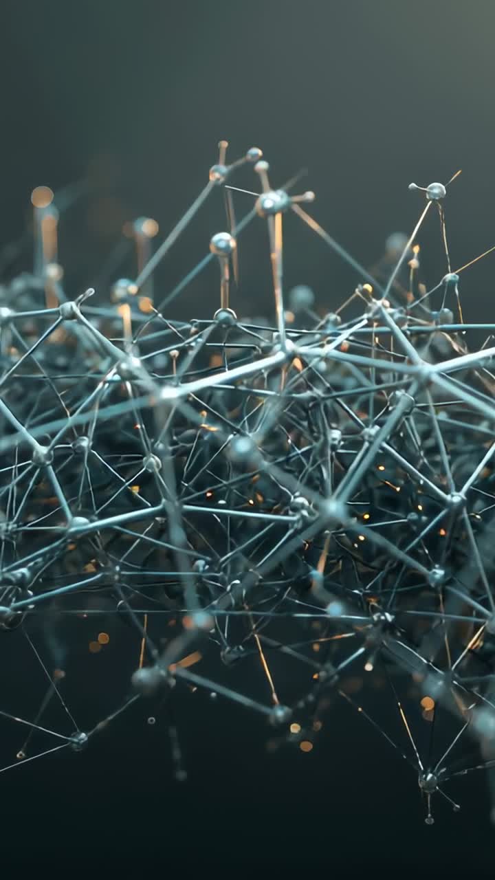 Vertical video: Moving camera showing metal lattice flexing nodes in studio, amber bokeh