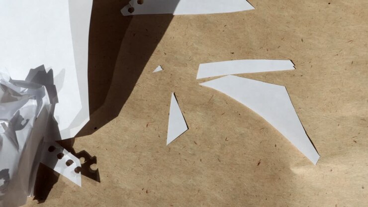 4k video, Macro photography of crumpled white sheets flying away from the wind on the background of brown kraft paper
