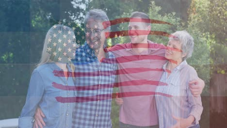animación de la bandera de los estados unidos de américa ondeando sobre una familia caucásica sonriente