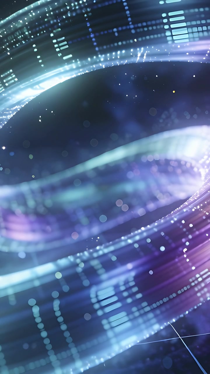 Vertical video: Starting animation, luminous ribbon spiraling in digital void, showing data markers