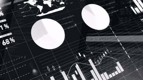 financial data and encryption animation over global statistics and charts