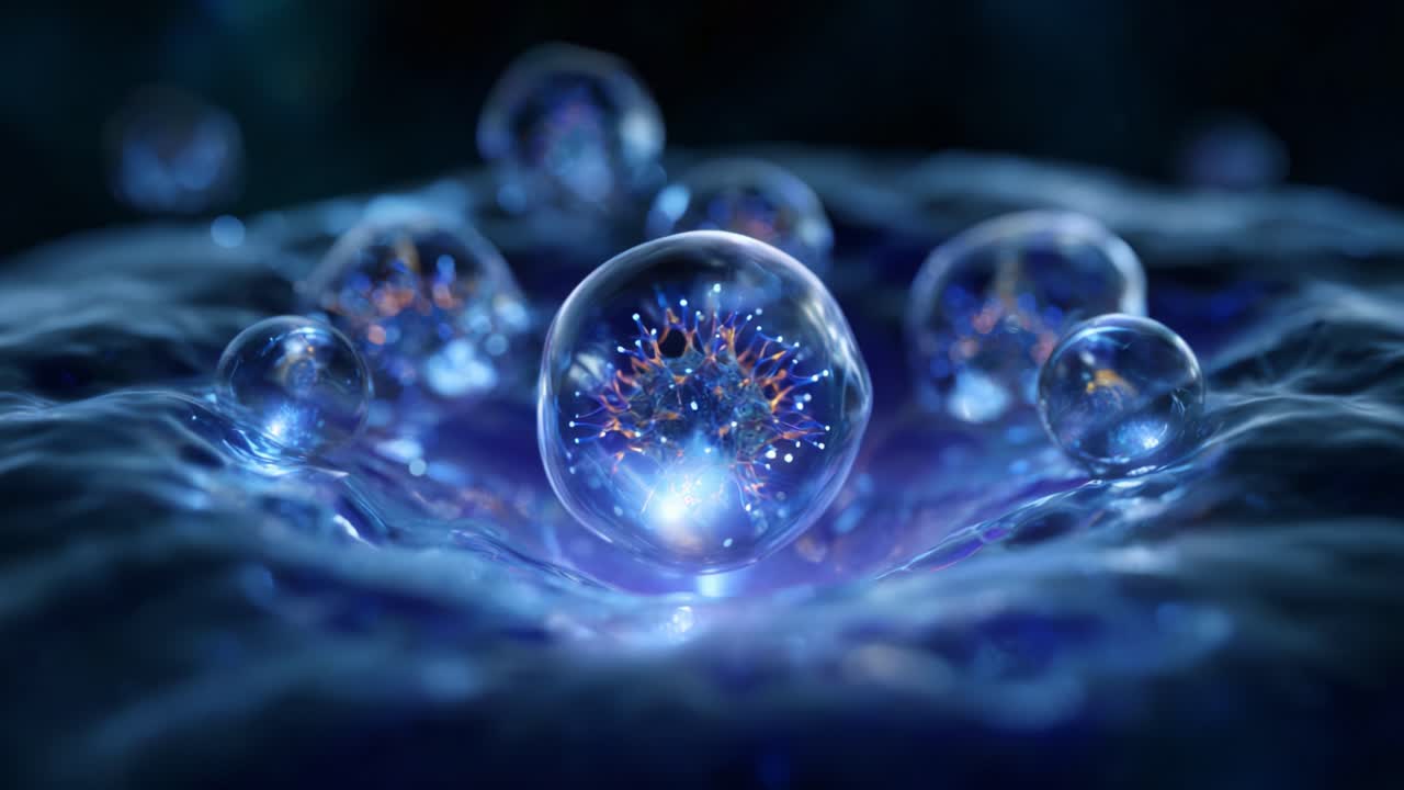 Una visualizzazione ingrandita di vivaci strutture sferiche in un ambiente fluido, che mostra intricati modelli e dettagli luminescenti in un ipotetico mondo microscopico