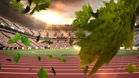 animation of falling leaves over circular running track in fully packed stadium against sky