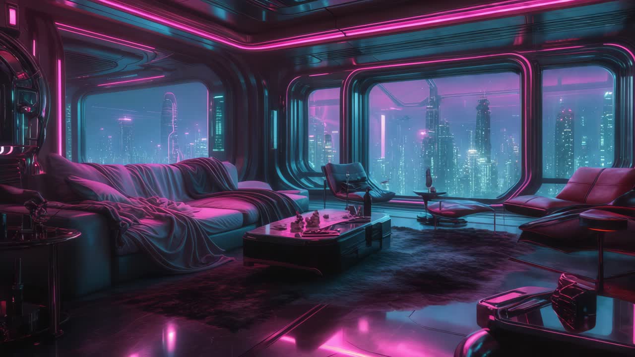 sala de estar cyberpunk futurista con vista a la ciudad