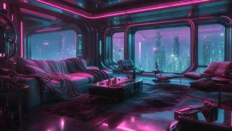 futuristic cyberpunk living room with city view