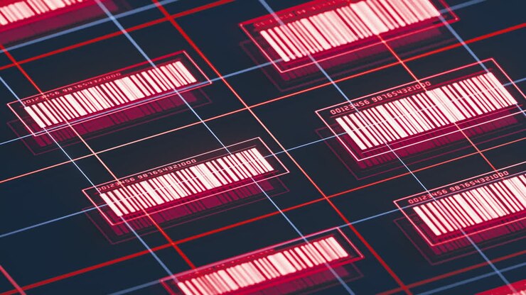 Loop animation of glowing bar codes, 3d rendering.