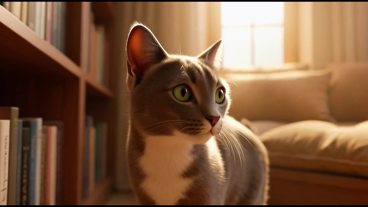 Gatto grigio che esplora un'accogliente stanza della biblioteca