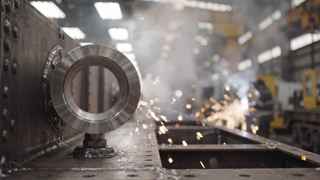 Vista detalhada de um processo de fabricação industrial destacando metalurgia e maquinário em uma grande oficina com trabalhadores e vapor ao fundo.