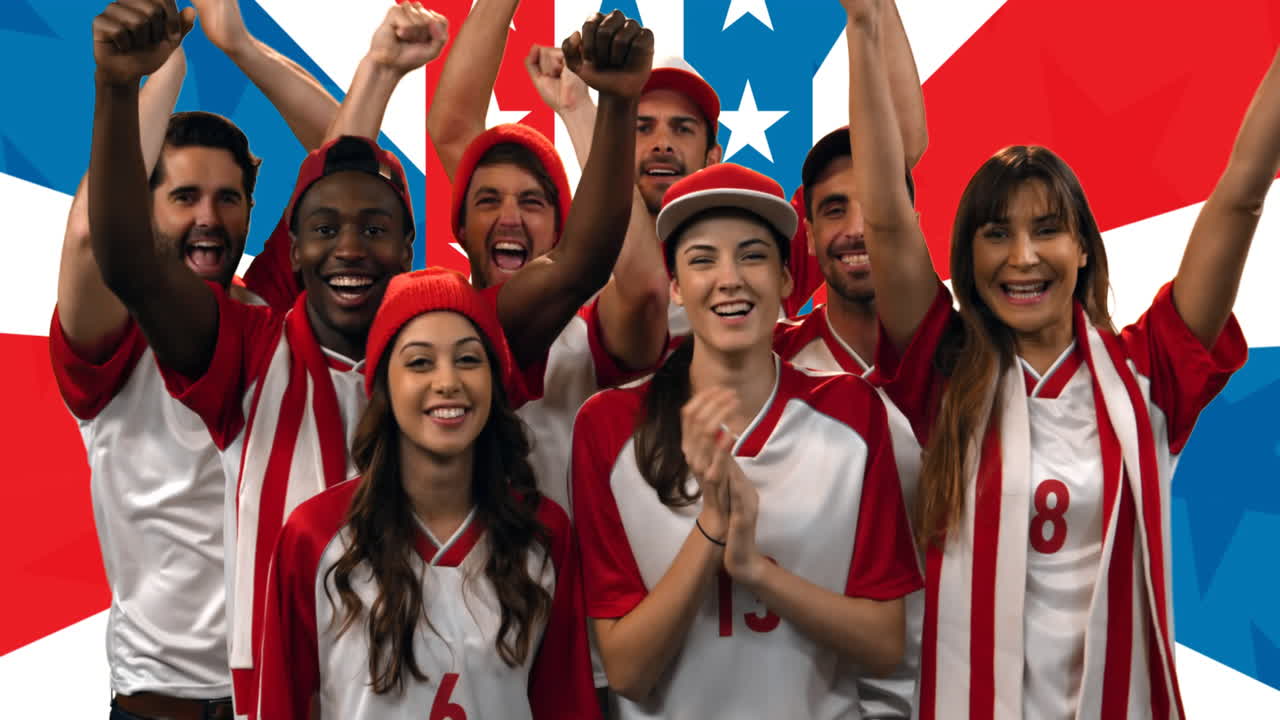 animación de un grupo de personas levantando las manos sobre la bandera estadounidense