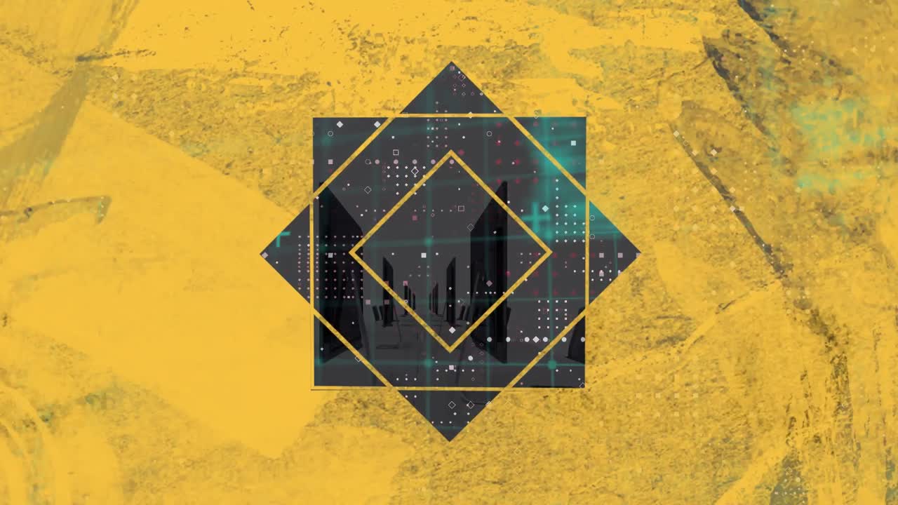 animación de fondo amarillo, procesamiento de datos financieros en la oficina moderna.