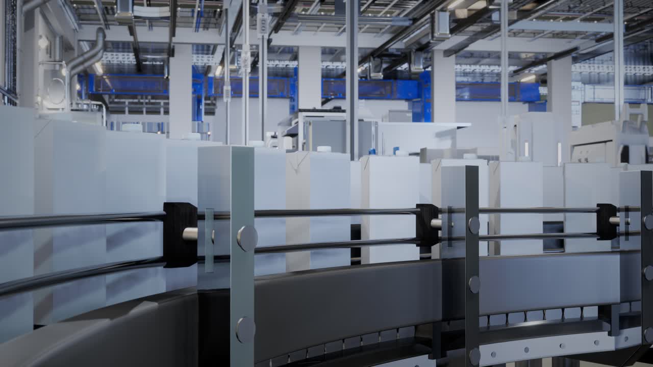 현대 공장에서 자동화 된 생산 컨베이어 라인: 생산 컨베어 라인에서 상자를 운반하는 것, 생산 컨베이어 라인에서 운반되는 상자 상자, 기계 메커니즘