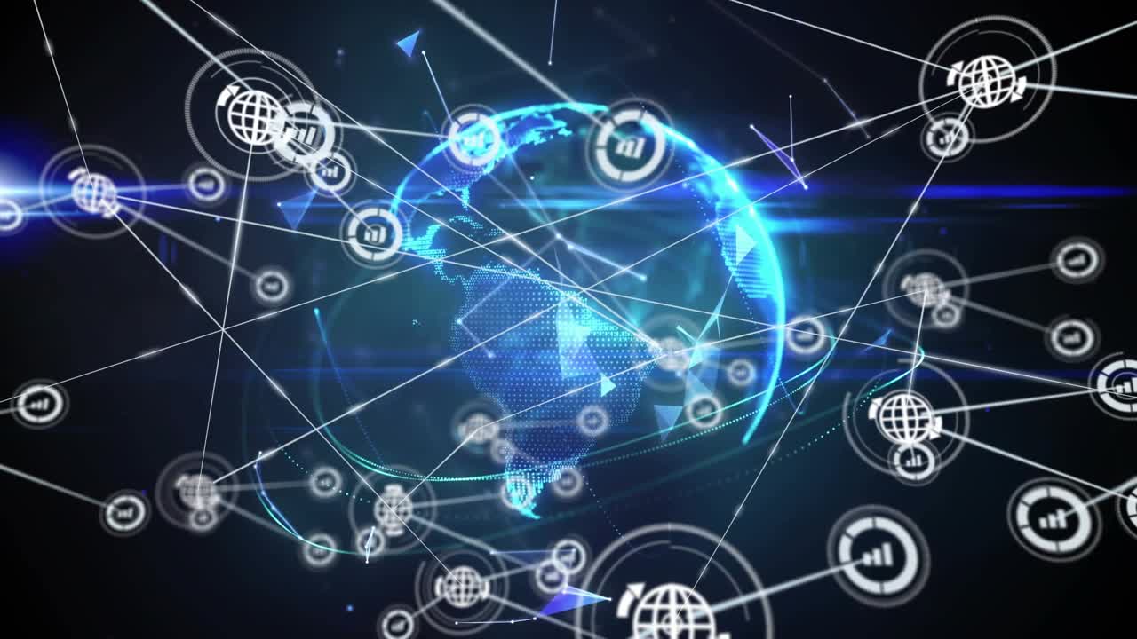 Dark digital space showing fragments icons linking into rotating 3D globe revealing global network