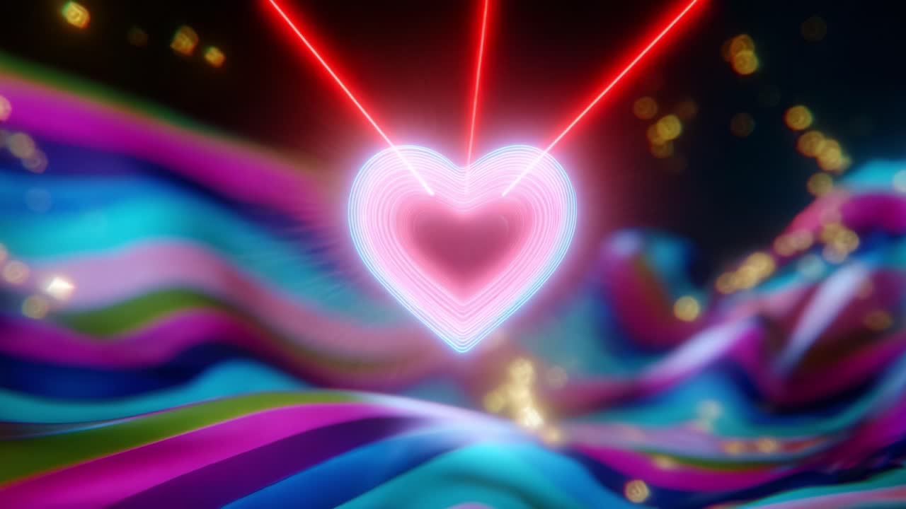 A vibrant heart-shaped glow emerges from colorful waves, radiating energy and warmth, enhanced by dynamic light beams and shimmering particles, creating a captivating visual experience full of love and emotion