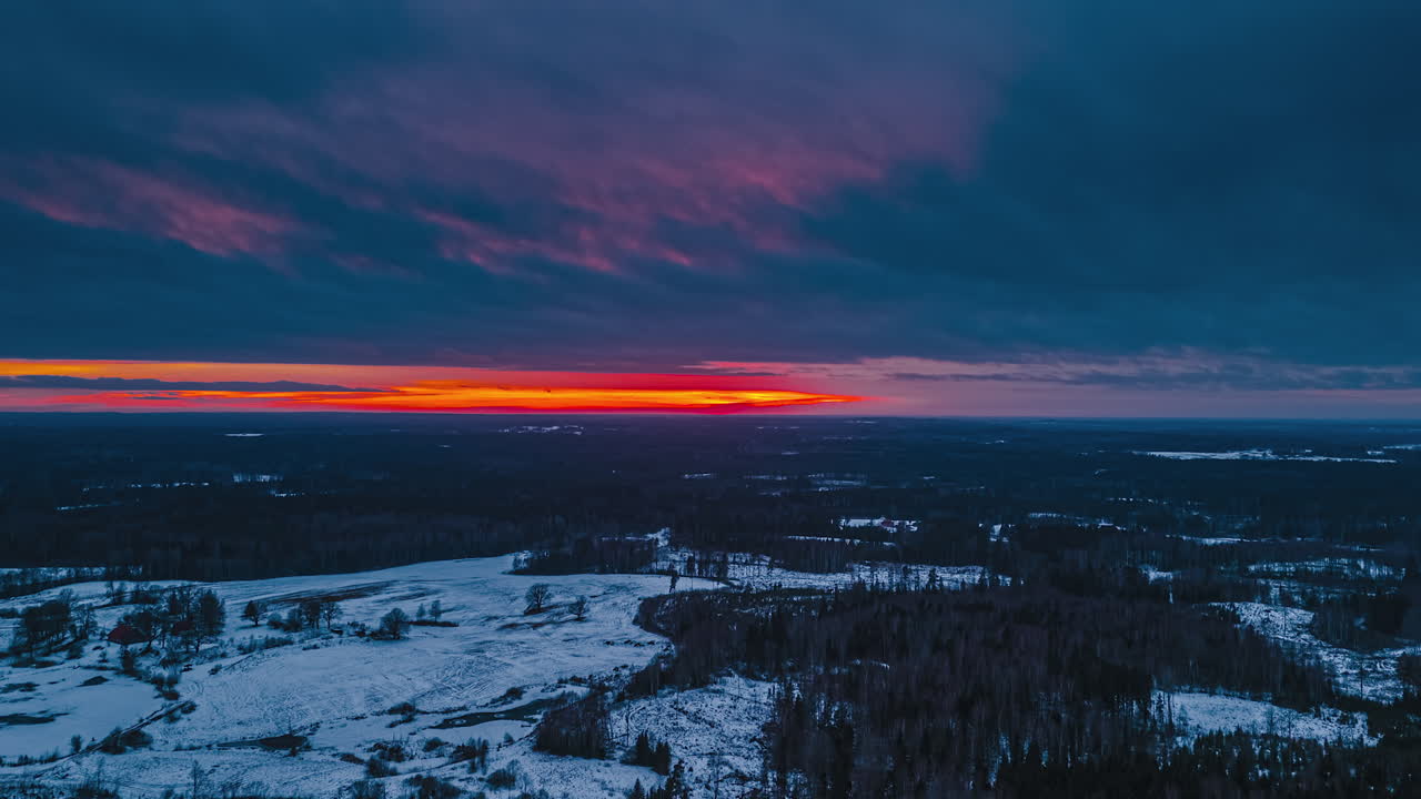 Fiery Red Sunset Sky Over Winter Rural Nature Landscape. Timelapse