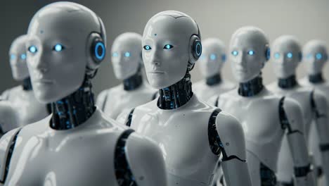 a captivating array of advanced humanoid robots with luminous blue eyes demonstrating the future of robotics and artificial intelligence in modern technology