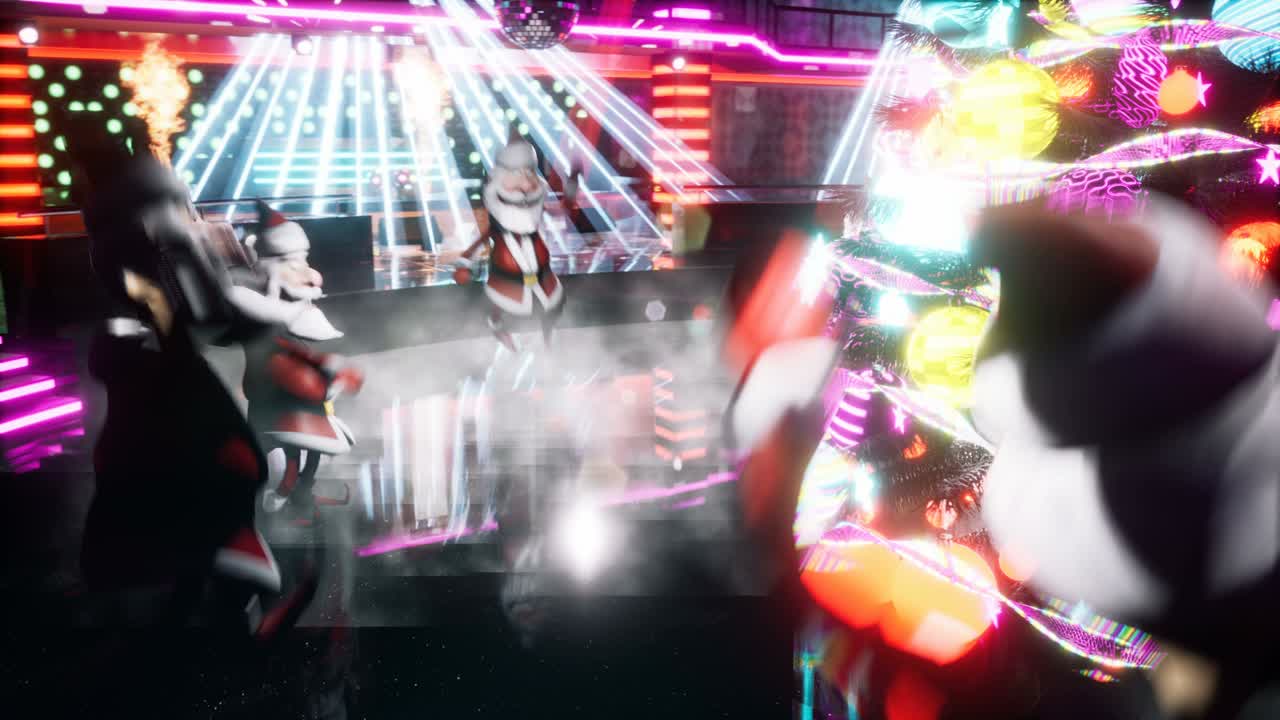 쾌활한 산타 클로스는 야간 디스코에서 새해 나무 주위에 불타는 춤을 춘다. 크리스마스, 새해 및 휴일 배경에 대한 원활한 루핑 애니메이션.