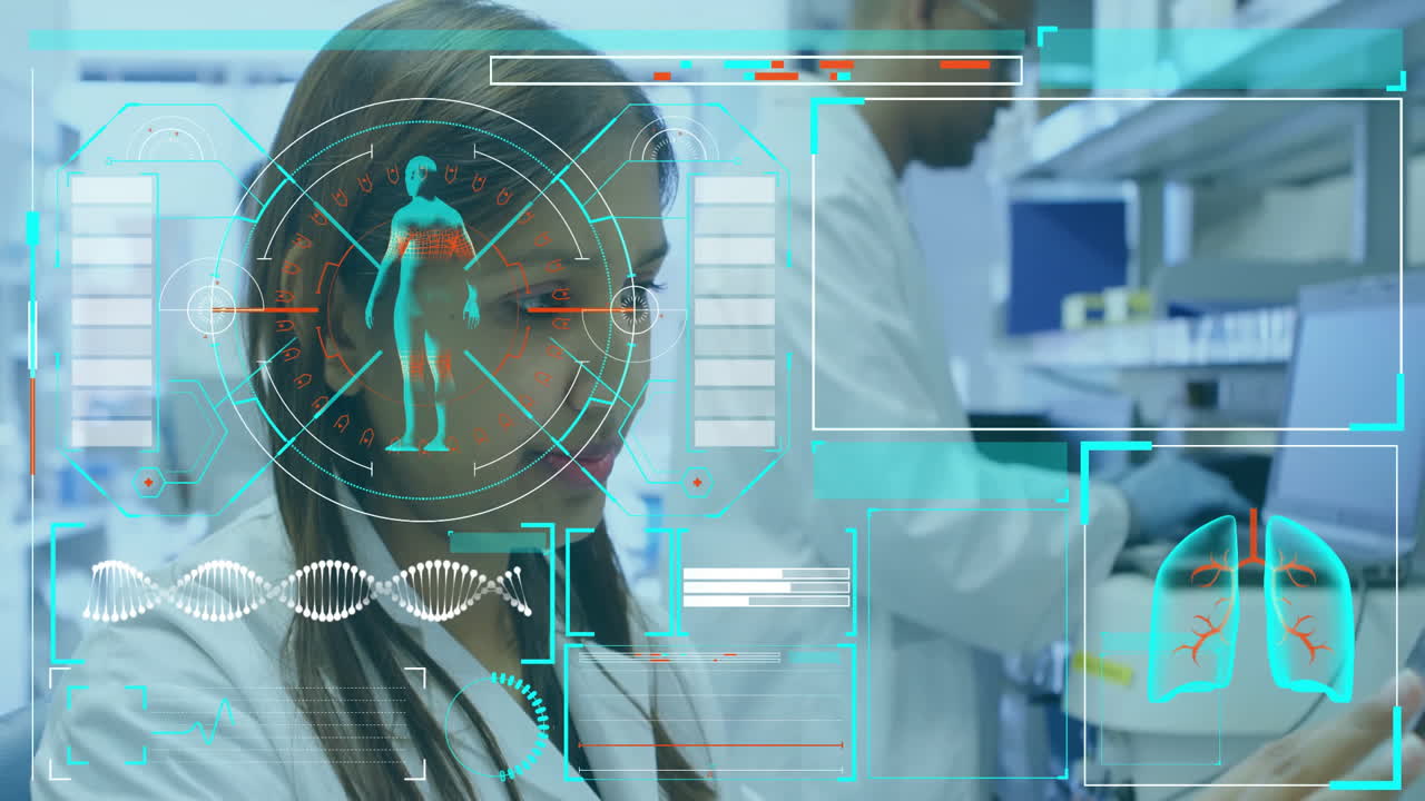 Analyzing medical data, scientists working in laboratory with animated graphics