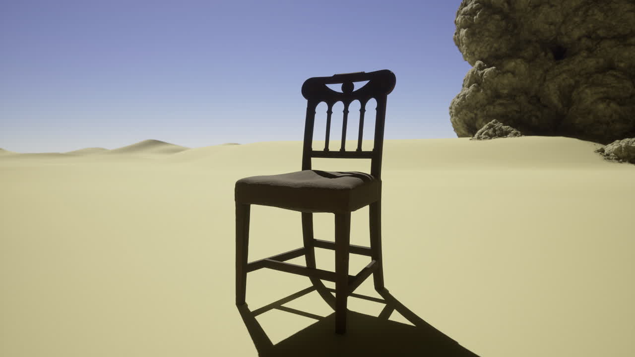 Chair standing alone in a vast desert landscape under clear blue sky