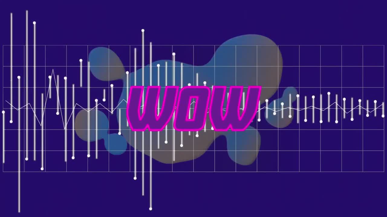 Animation of wow text over colorful blots and moving lines and grid on blue background