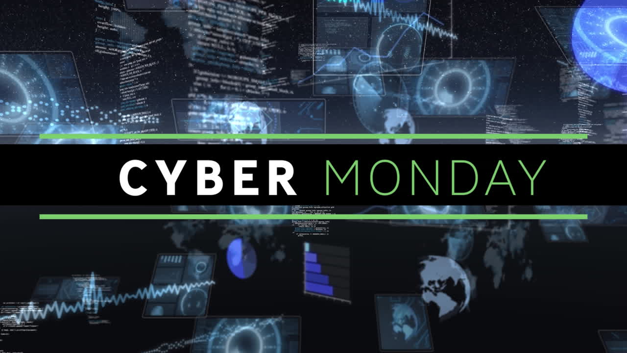 Digital animation of cyber monday text banner against multiple round scanners and data processing