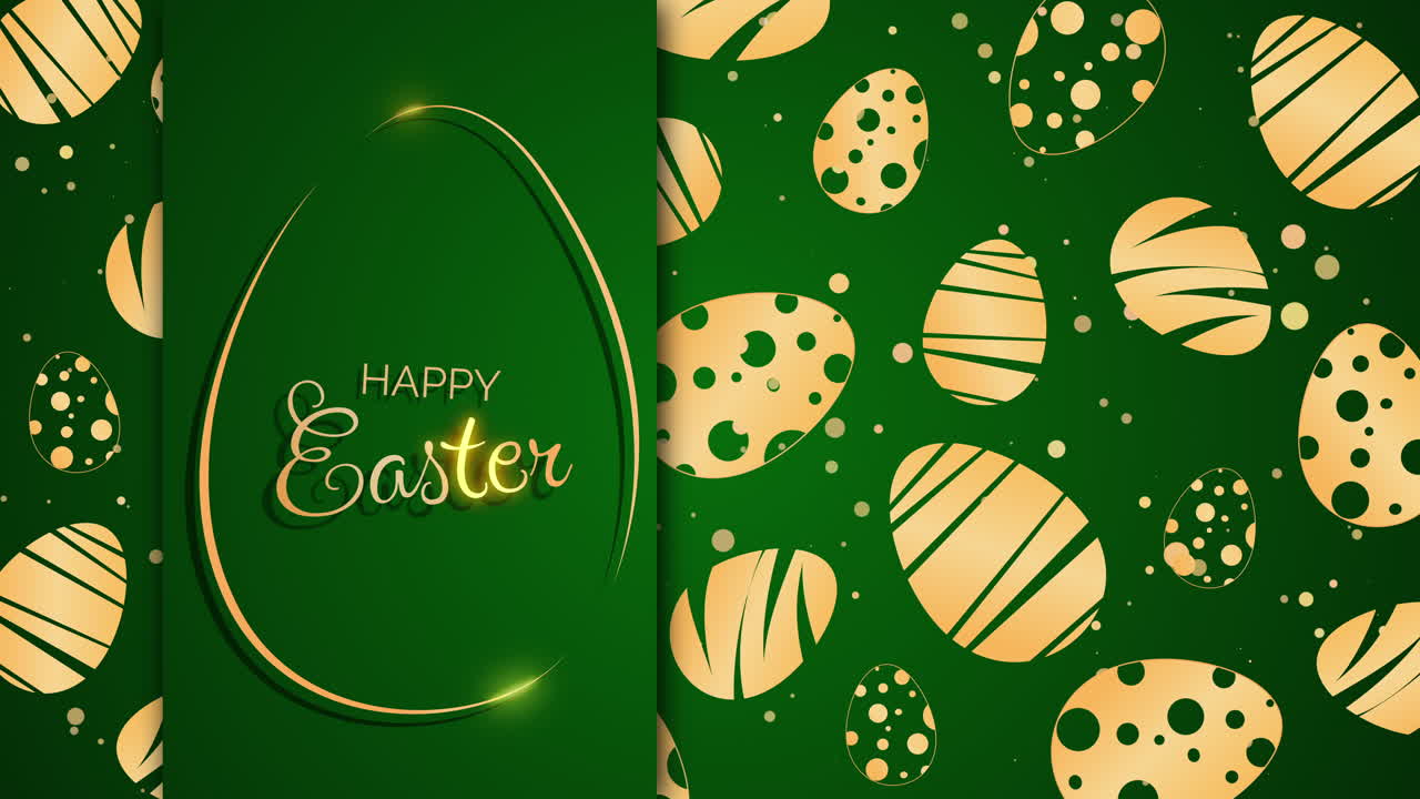 Easter golden eggs with patterns on green background. Happy Easter inscription. Looped holiday animation.