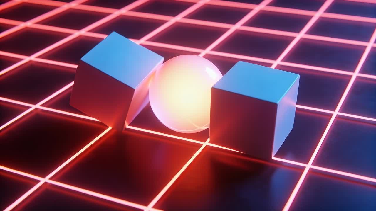 Camera shifting closer, sphere pulsing while cubes rotating on neon grid, helping design preview