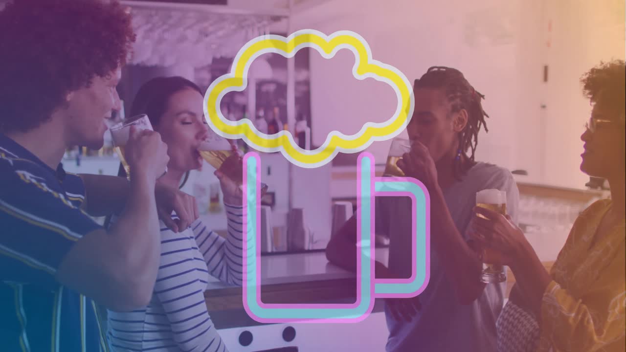animación del icono de la cerveza sobre amigos felices y diversos hablando y bebiendo cerveza