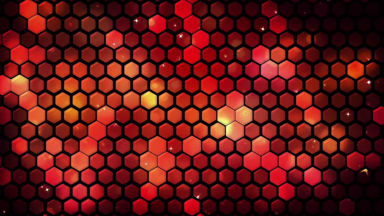Red cartoon honeycomb grid. Animated dark background with shiny hexagonal elements. Looped motion graphics.