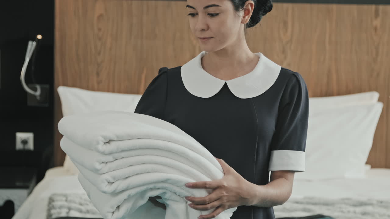 Housekeeper with Towels in Hotel Room