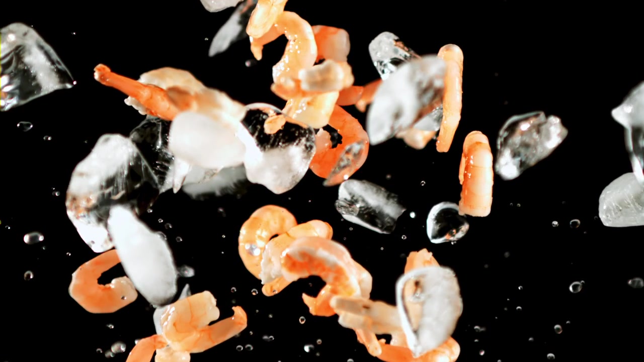 Garnelen und Eiswürfel fallen in Zeitlupe auf schwarzem Hintergrund