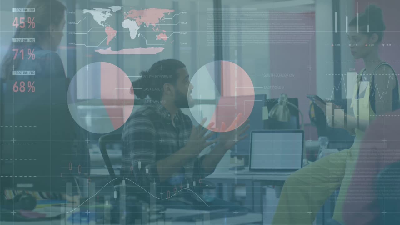 Animation of financial data processing over diverse business people