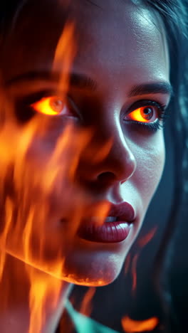 portrait of a woman with fiery aura against dark background