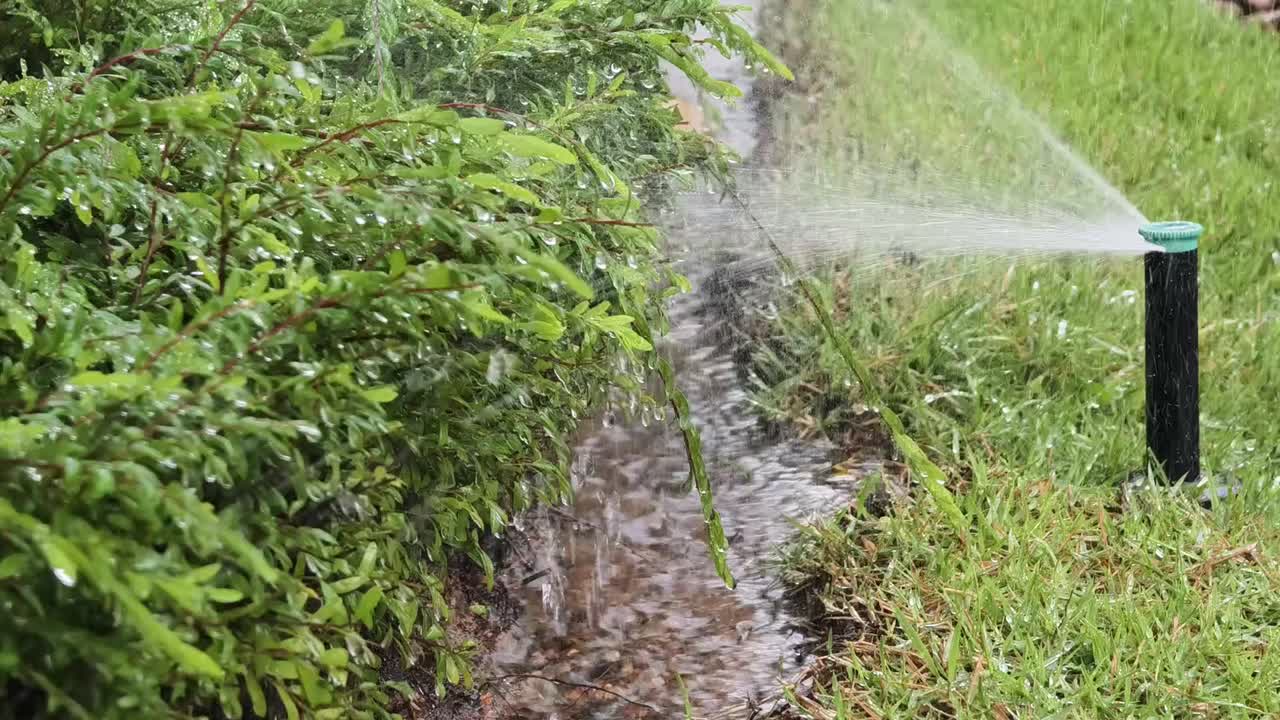 Irrigatore automatico che innaffia un cespuglio verde e l'erba rigogliosa in un giardino