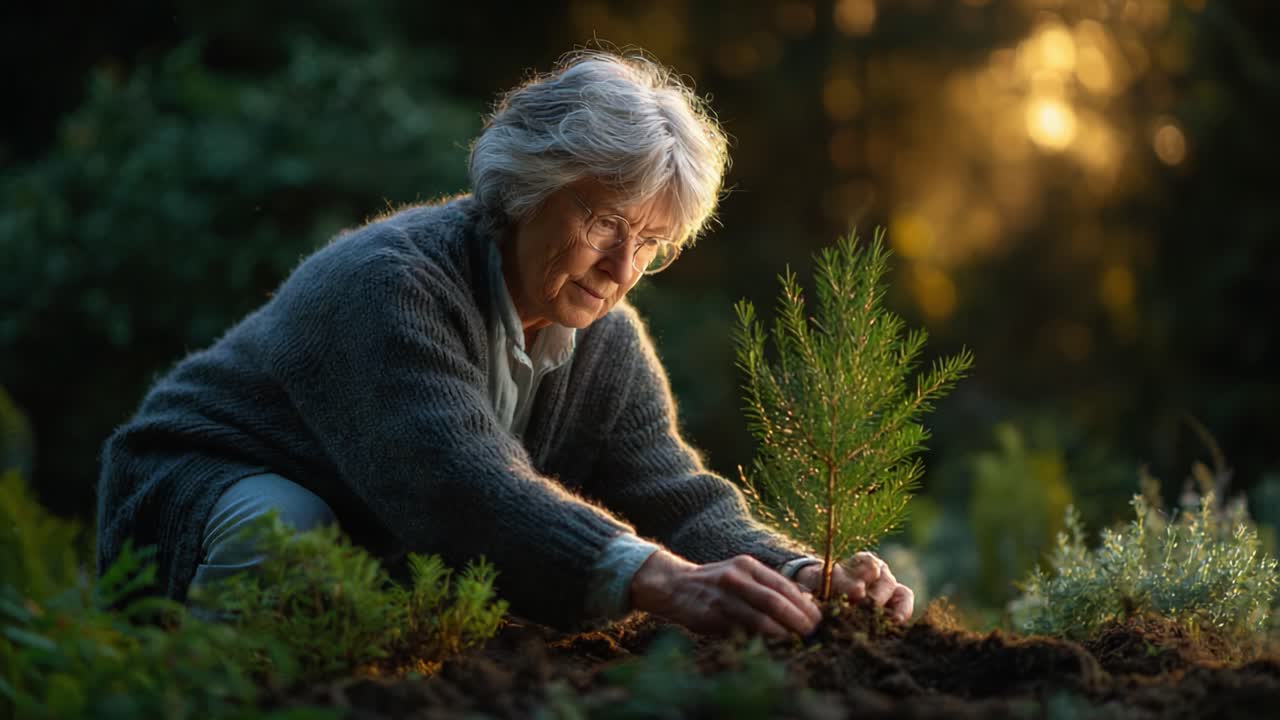 An elderly woman engaged in planting a young tree, showcasing the beauty of nature, dedication to sustainability, and the cycle of life in a serene outdoor setting during golden hour