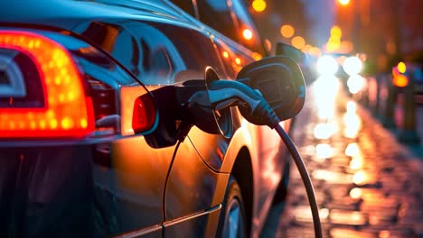 an electric car plugged into a charging station at night