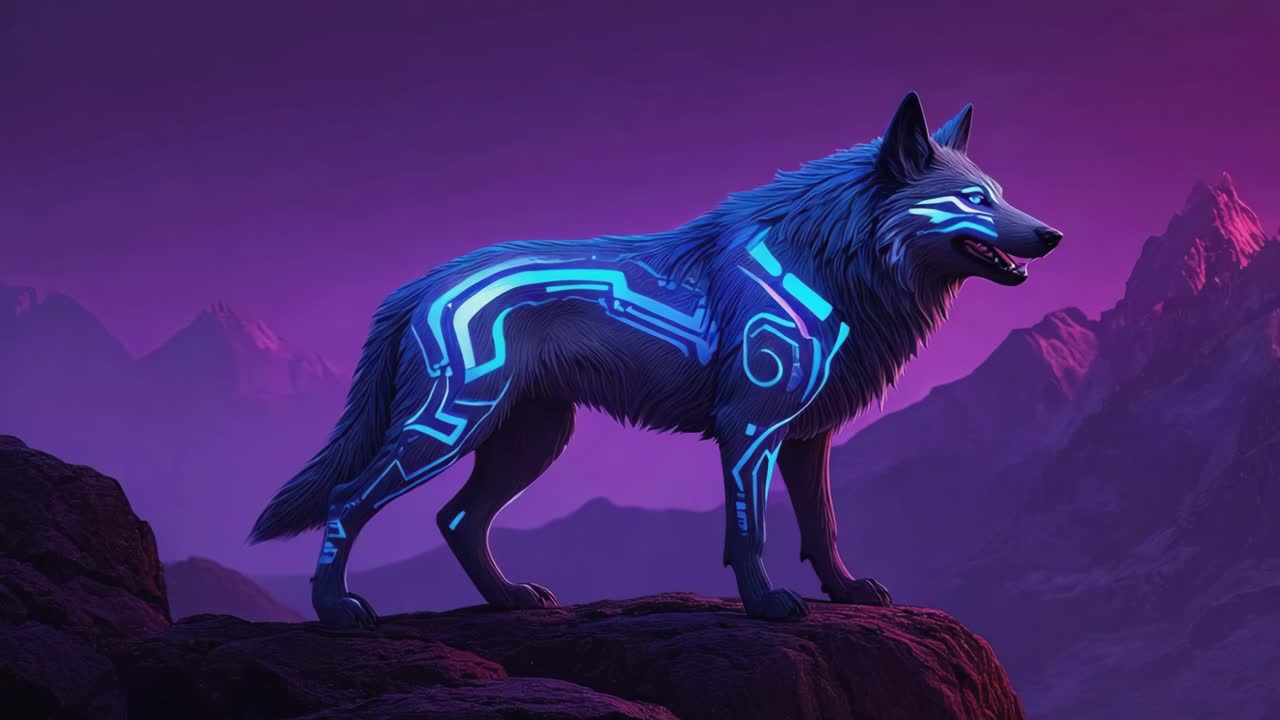 Lupo neon cyberpunk in un paesaggio montano