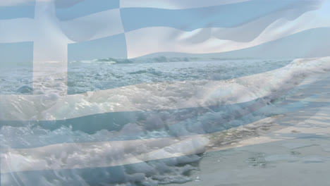 animation of flag of greece blowing over waves in sea