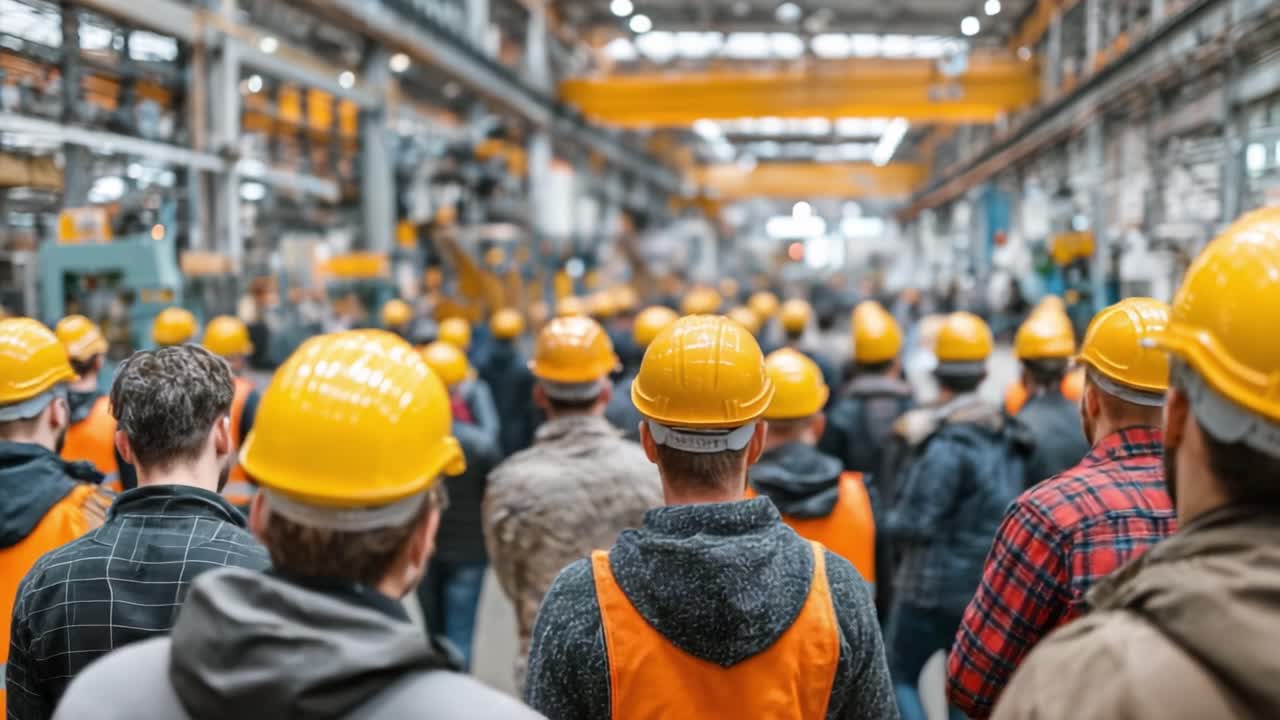 A Large Group of Workers in Safety Helmets and Reflective Vests Gathered for a Meeting in a Factory Setting, Emphasizing Workplace Safety and Team Collaboration