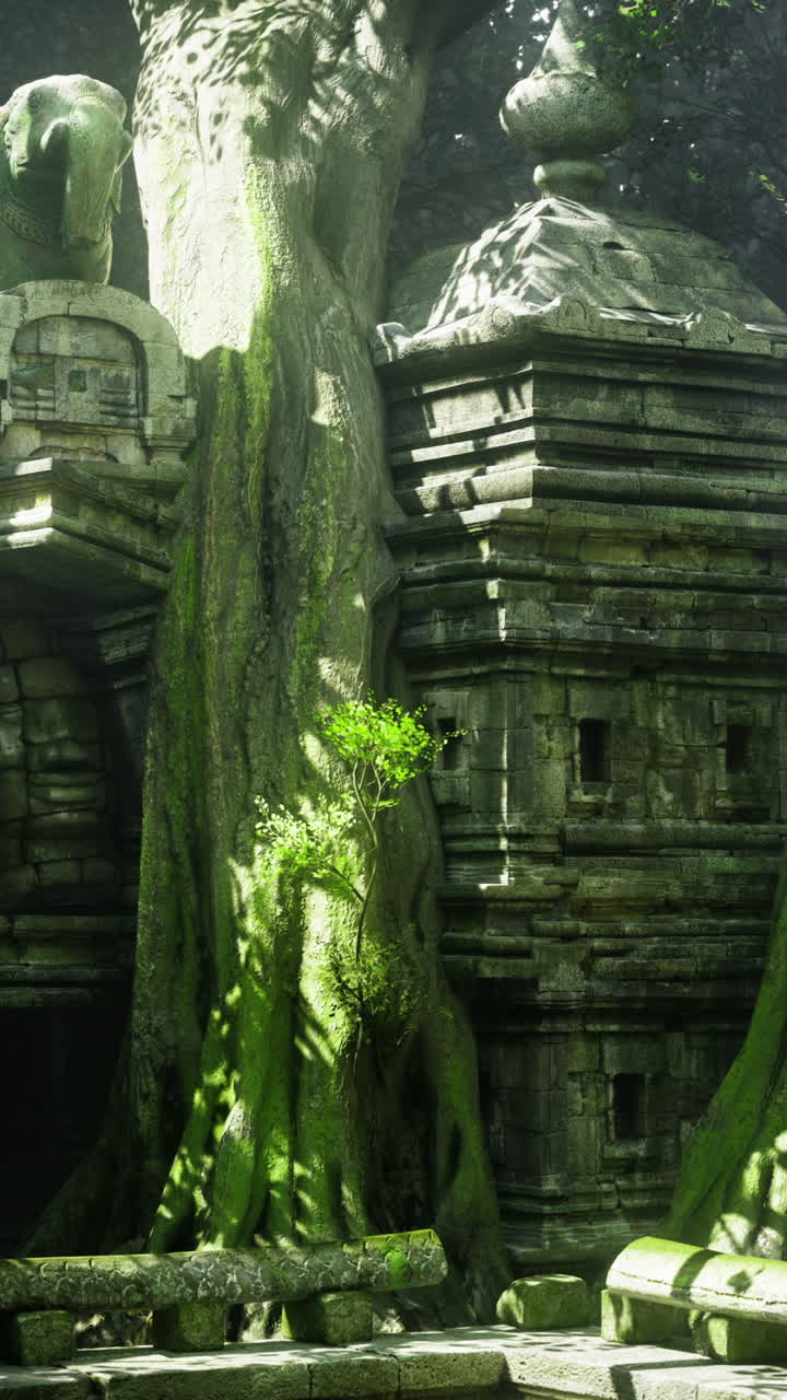Rovine di un antico tempio avvolte da una vegetazione lussureggiante e alberi imponenti
