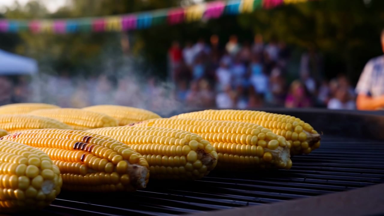 Close-up of corn cobs roasting over a round barbecue with rising smoke, while a softly blurred crowd and colorful bunting suggest a lively outdoor gathering