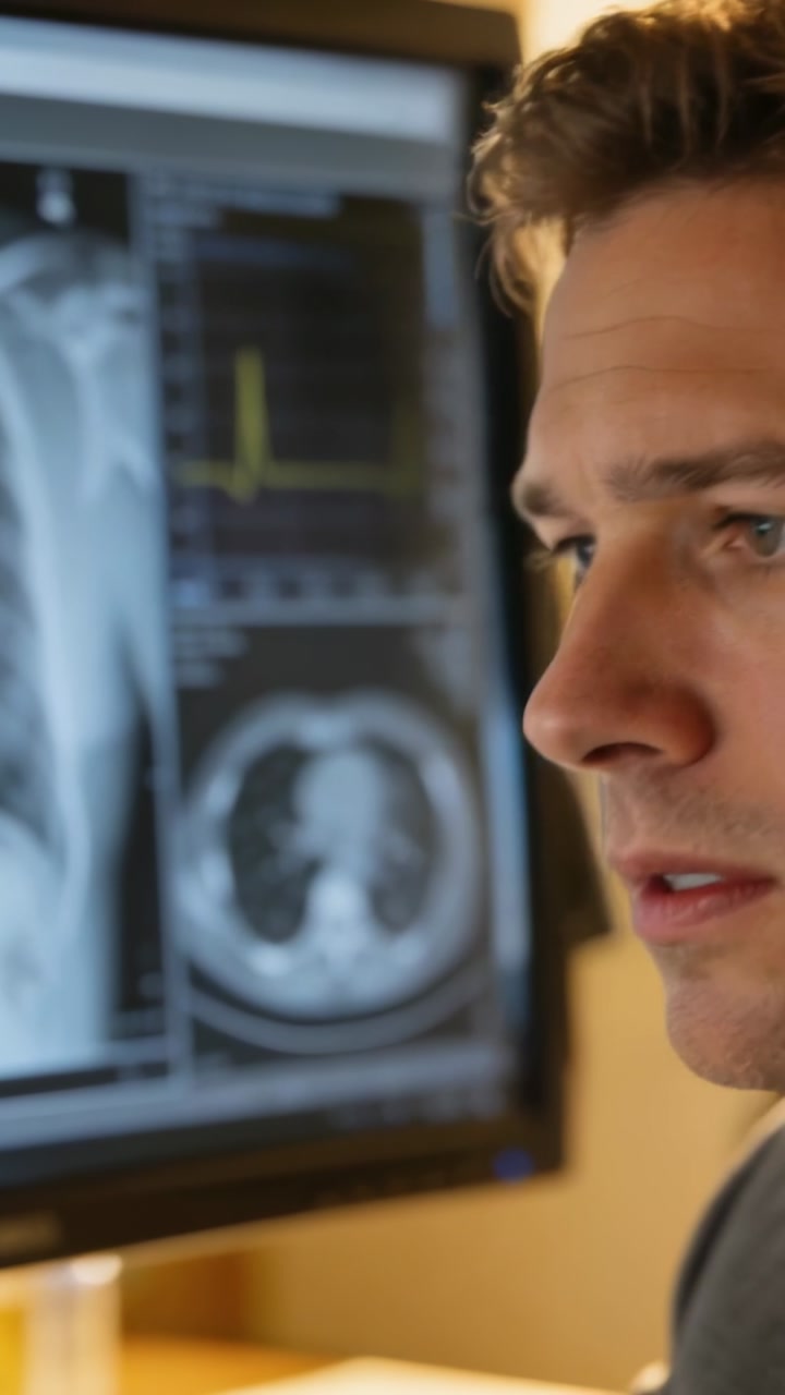 Vertical video: Studying doctor in shirt and jacket reading monitor showing chest X-ray, CT at desk