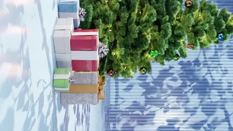 christmas tree with ornaments and wrapped presents on a blue floor against a blue background