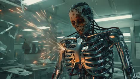 damaged robot skeleton with sparks in a sci-fi setting
