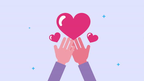manos humanas levantando corazones animación