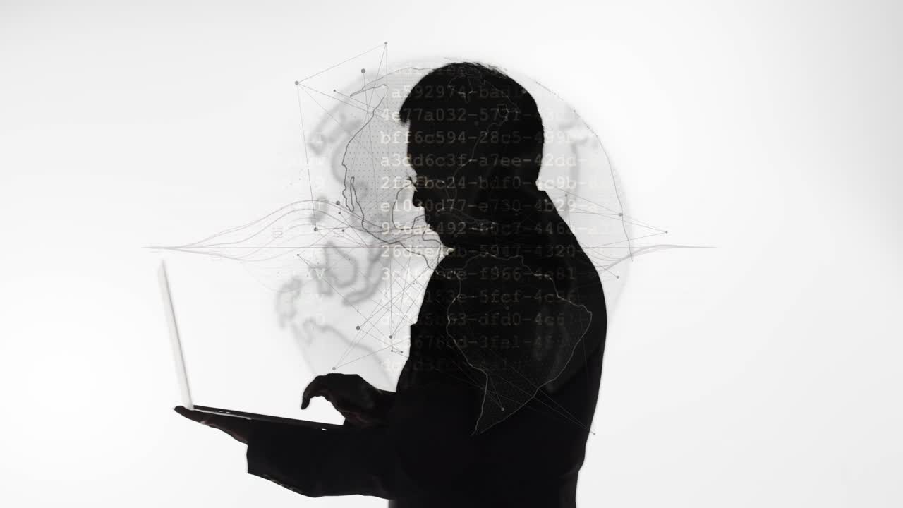 A businessman has an imaginative idea for a project that links global network systems - silhouette with white background