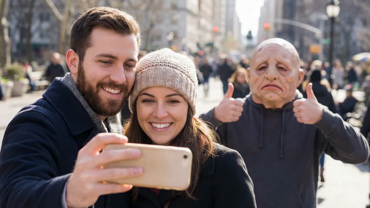 Coppia sorridente che posa per un selfie in una strada cittadina, l’uomo tiene in mano il telefono, un passante mascherato fa un photobombing