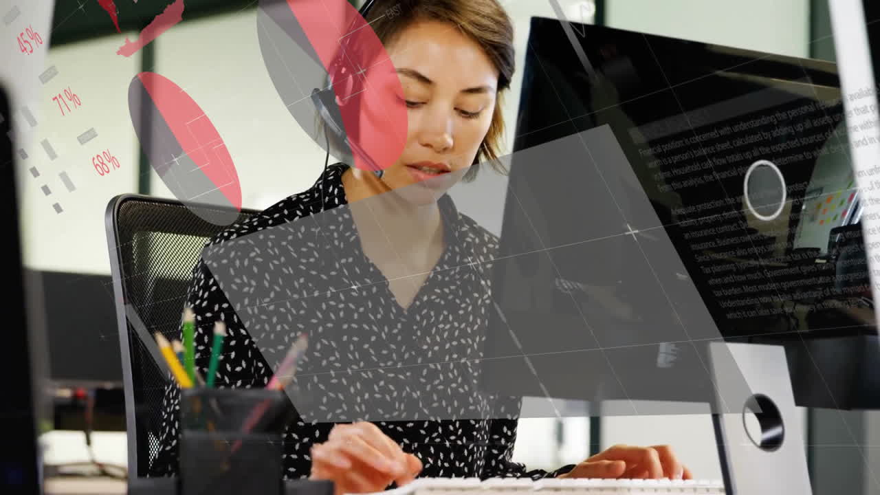 전화 헤드을 사용하는 백인 사업가 여성에 대한 금융 데이터 처리 애니메이션