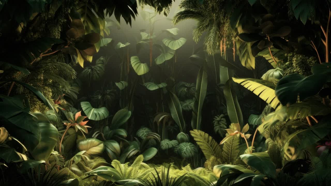 Lush jungle scene with dense foliage, captured from a low-angle, creating an immersive video