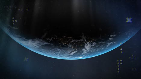 animation of rows of flickering dots and markers over planet earth